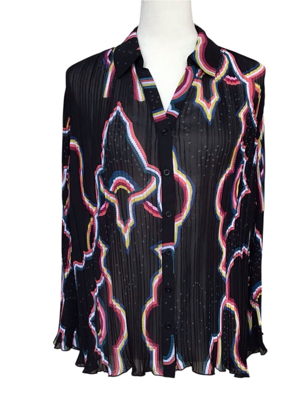 Catherine Malandrino Retro Black Crinkle Button-Down Long Sleeve Blouse …
